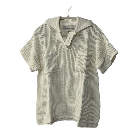 VINTAGE HAVANA WOMENS SMALL COLLARED V-NECK OPEN KNIT POLO COTTON SWEATER WHITE - Picture 5 of 12